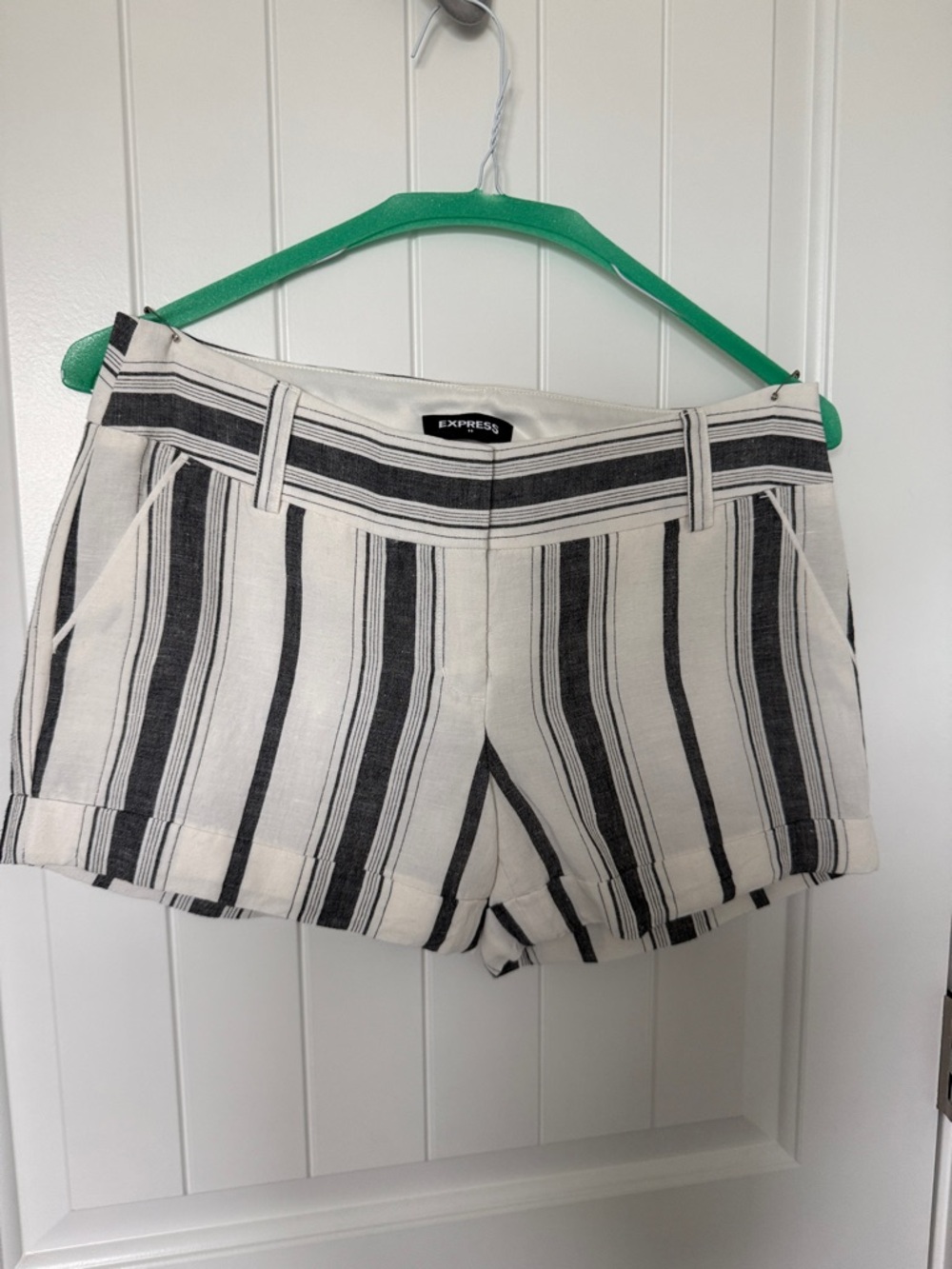 Express Black and White Vertical Stripe Linen-Blend Shorts